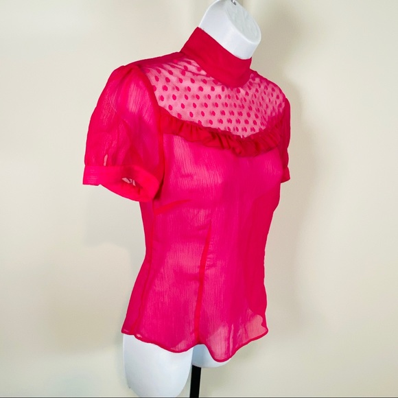 H&M Fuchsia Mock Neck Contrasting Pink Polka Dot Ruffle Chiffon Top Size 6 - Picture 5 of 8